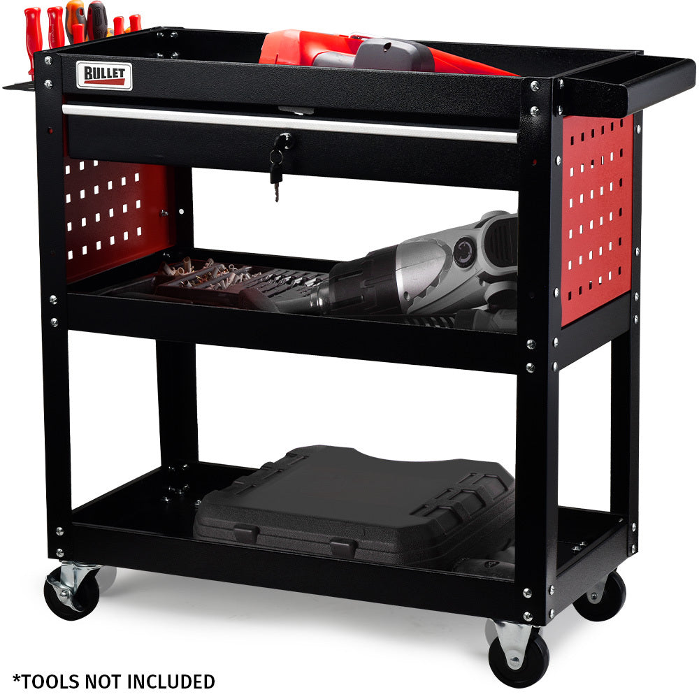 Bullet 3-Tier Steel Tool Trolley Cart with Drawer Pegboard Screwdriver Rack Black/Red