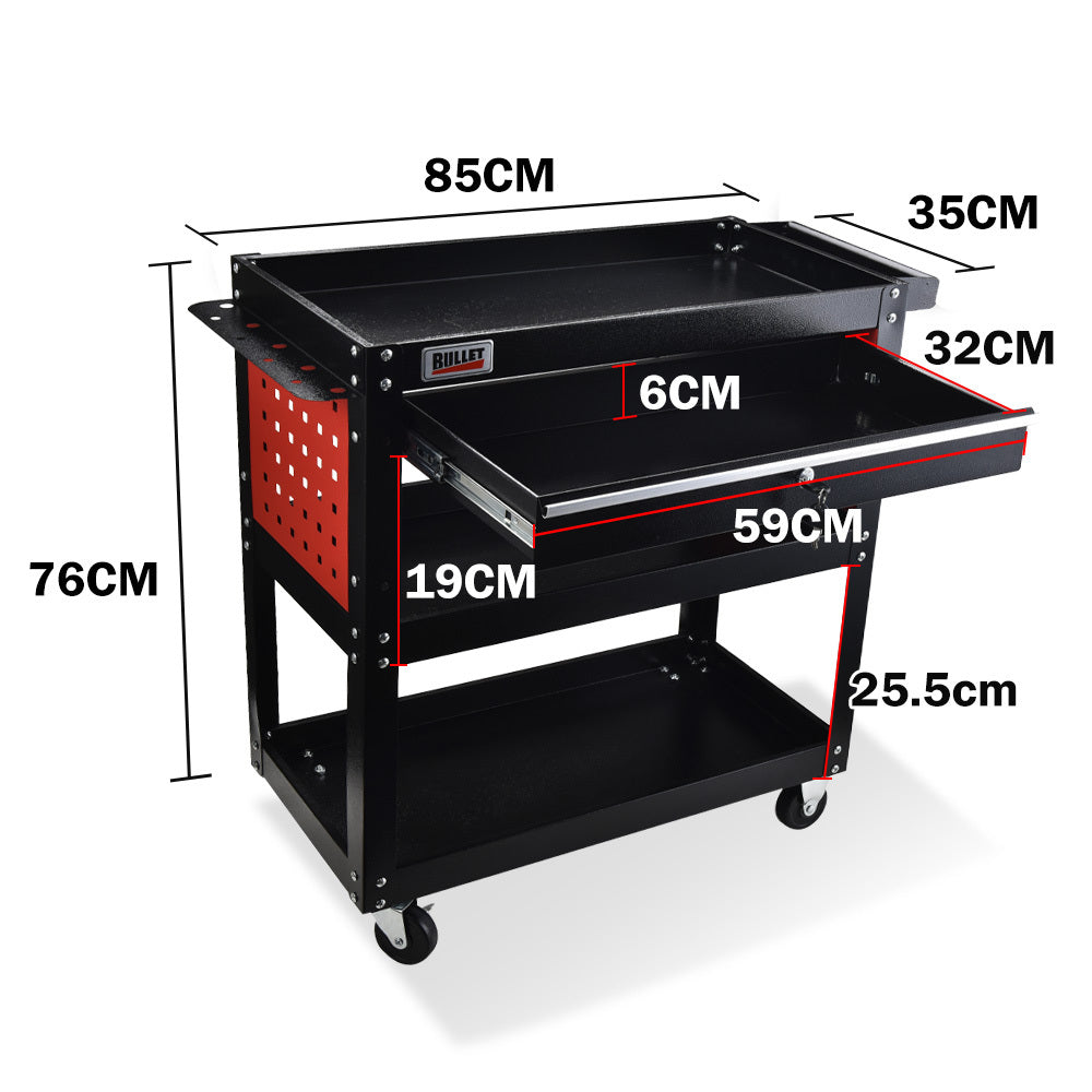 Bullet 3-Tier Steel Tool Trolley Cart with Drawer Pegboard Screwdriver Rack Black/Red