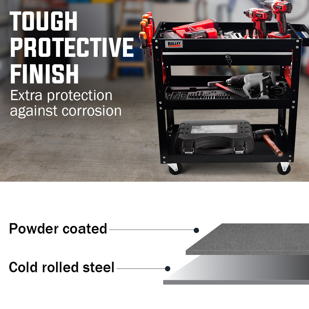 Bullet 3-Tier Steel Tool Trolley Cart with Drawer Pegboard Screwdriver Rack Black/Red