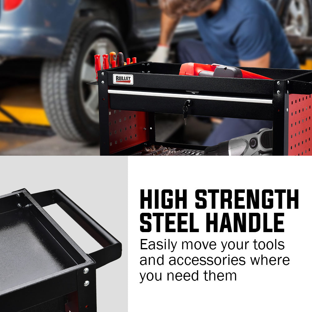 Bullet 3-Tier Steel Tool Trolley Cart with Drawer Pegboard Screwdriver Rack Black/Red