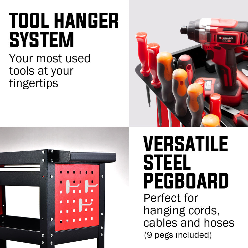 Bullet 3-Tier Steel Tool Trolley Cart with Drawer Pegboard Screwdriver Rack Black/Red