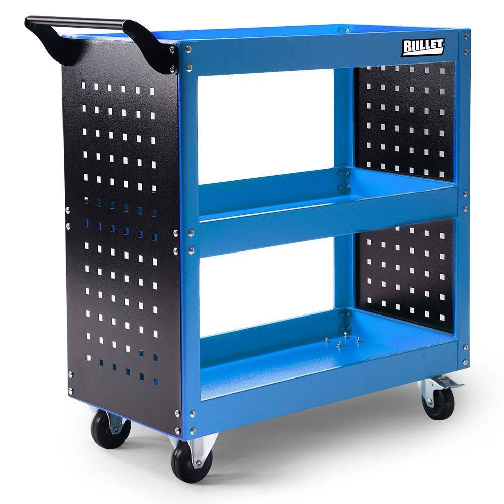 3-Tier Steel Tool Trolley Cart, Pegboard, Locking Wheels - Bullet