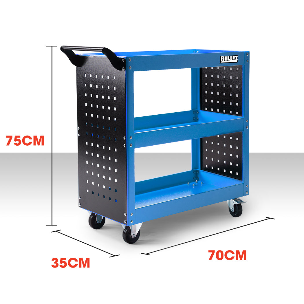 3-Tier Steel Tool Trolley Cart, Pegboard, Locking Wheels - Bullet