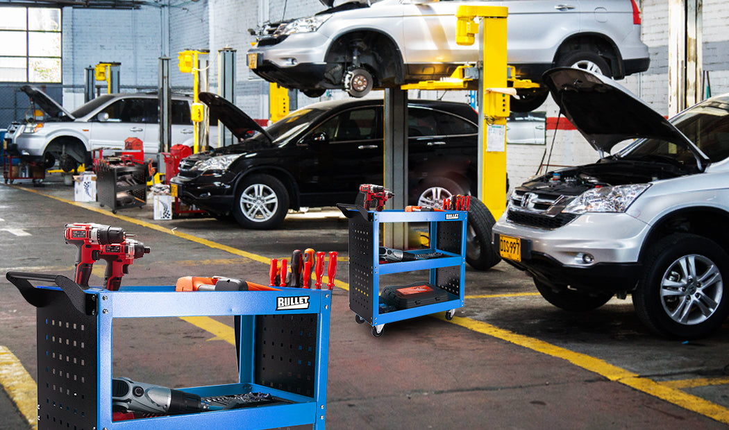 3-Tier Steel Tool Trolley Cart, Pegboard, Locking Wheels - Bullet