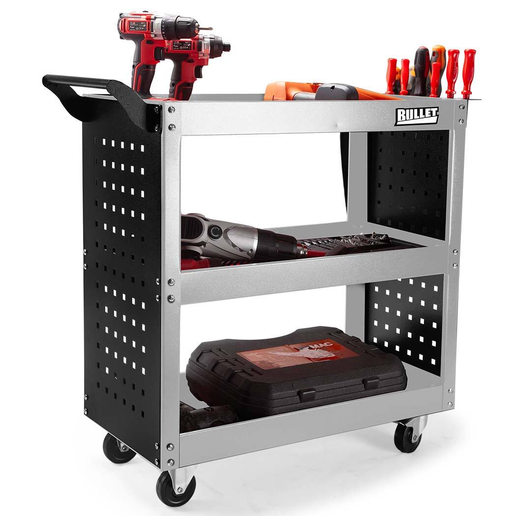 3-Tier Steel Tool Cart with Wheels and Shelves - Bullet