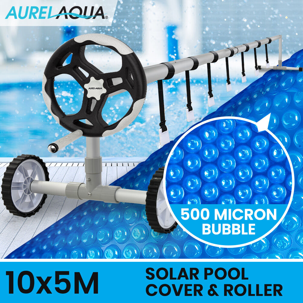Aurelaqua 10x5m Solar Pool Cover Roller Set 500 Micron Blue