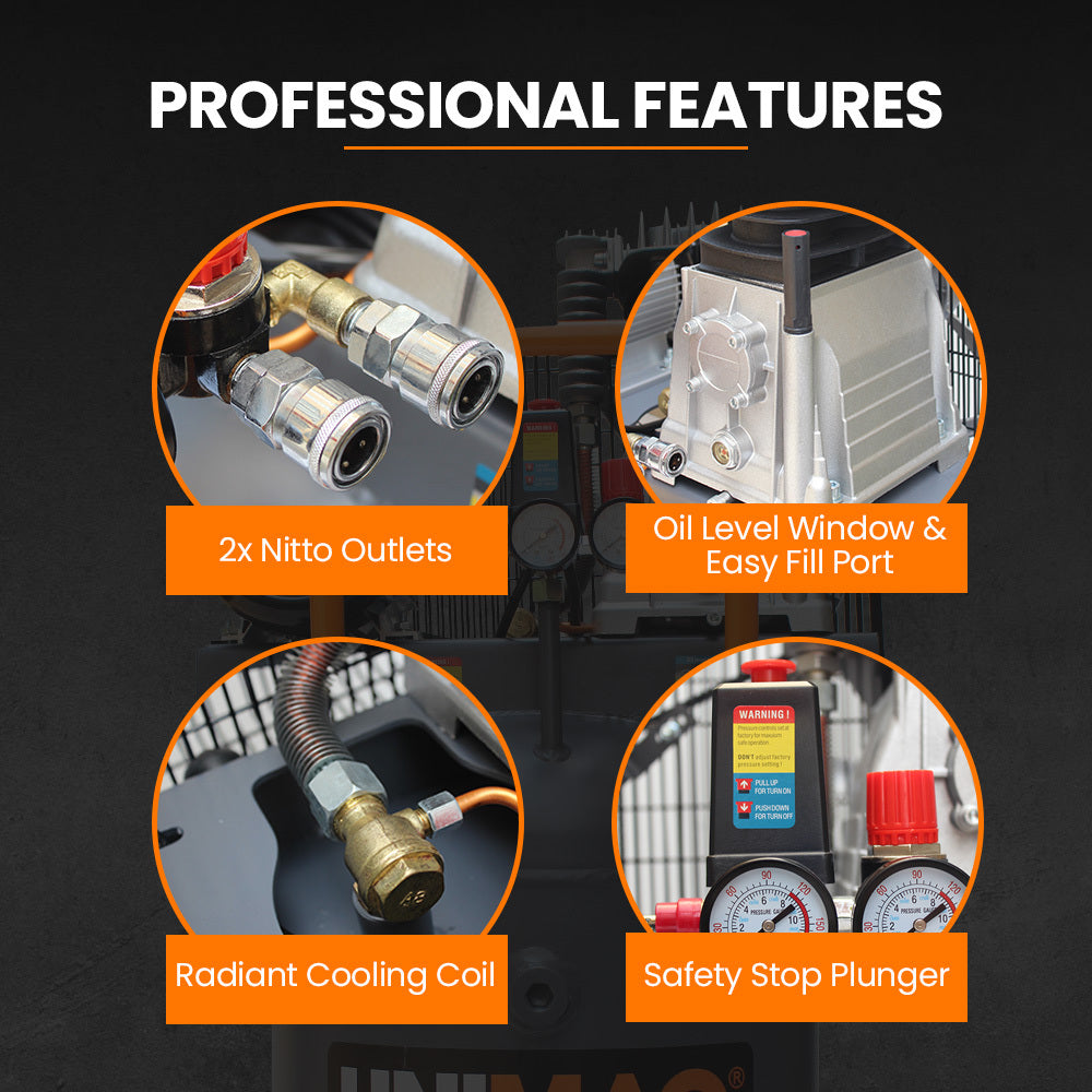 Unimac 100L Industrial Air Compressor 2.6kW Brushless Vertical Tank