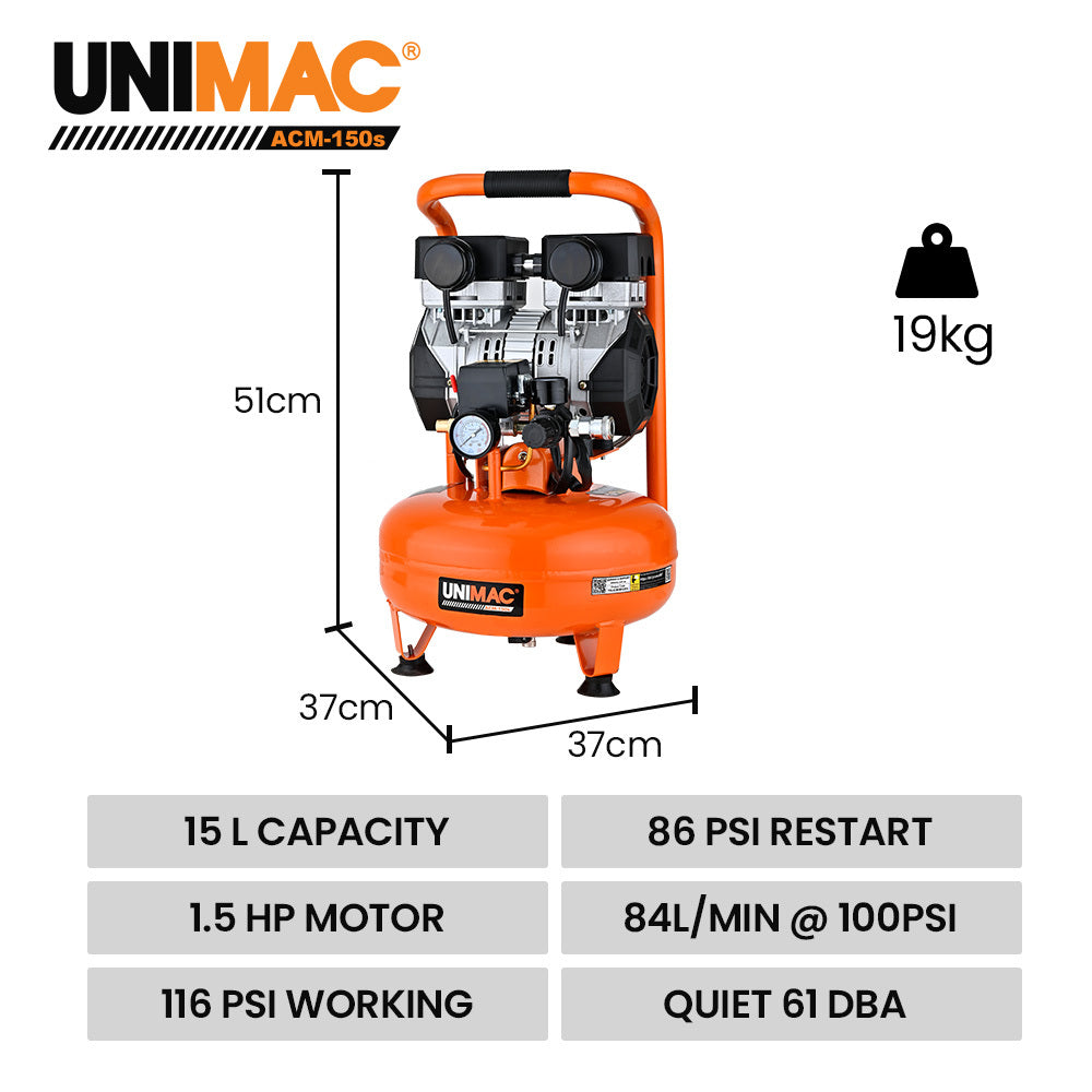 ACM-150s Quiet Air 15L Pancake Air Compressor Portable Oil-Free 116PSI
