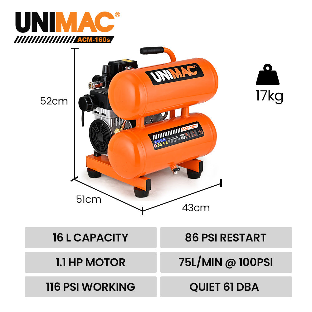 Quiet Air 16L Twin Tank Portable Air Compressor 116PSI Silent Oil-Free