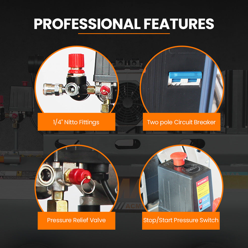 Quiet Air Series 100L 4.5HP Oil-Free Air Compressor Twin Nitto Outlets