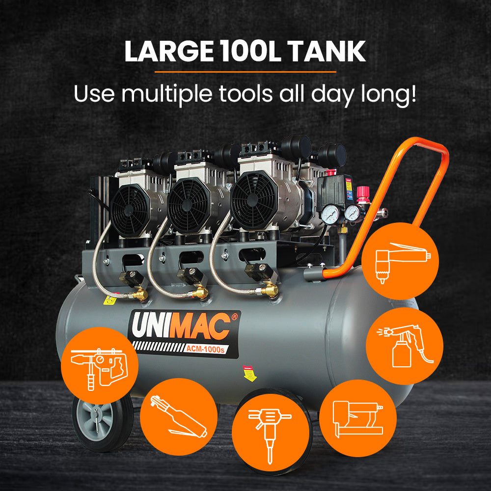 Quiet Air Series 100L 4.5HP Oil-Free Air Compressor Twin Nitto Outlets
