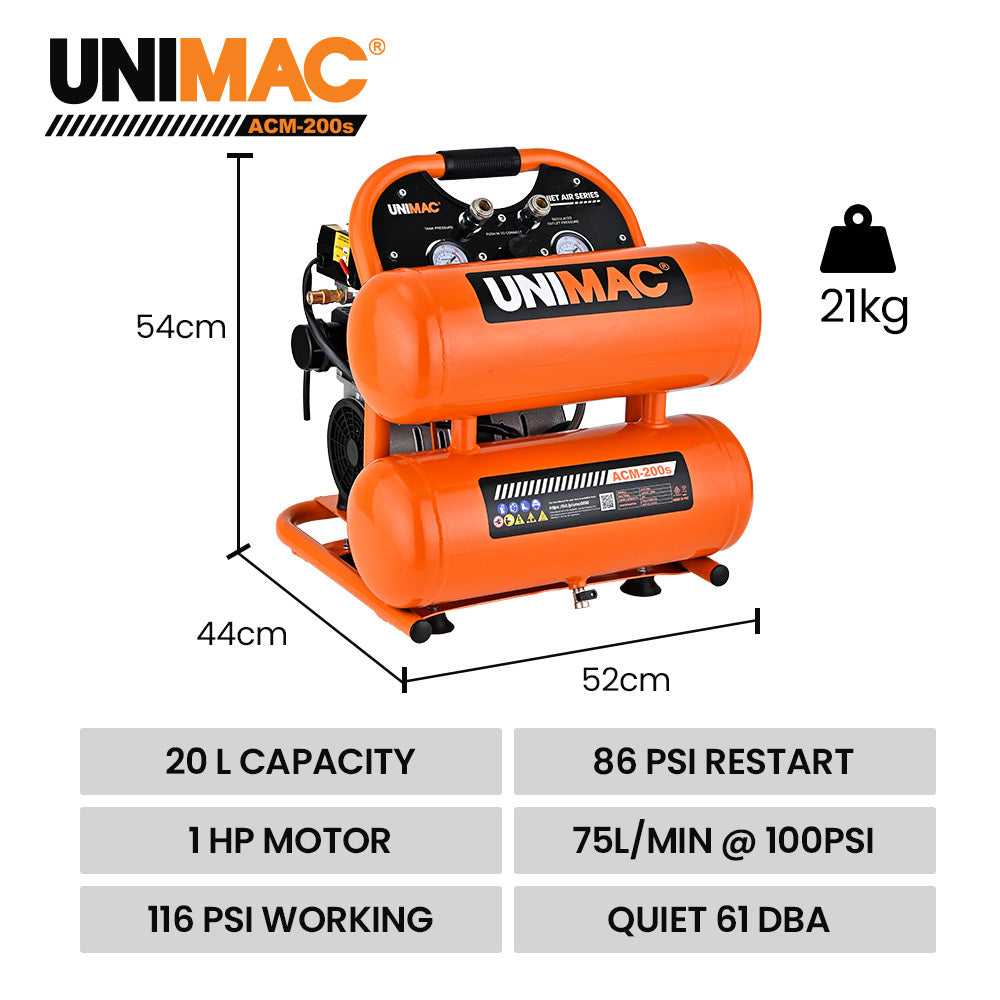 Quiet Air 20L Twin Tank Portable Air Compressor 116PSI Oil-Free