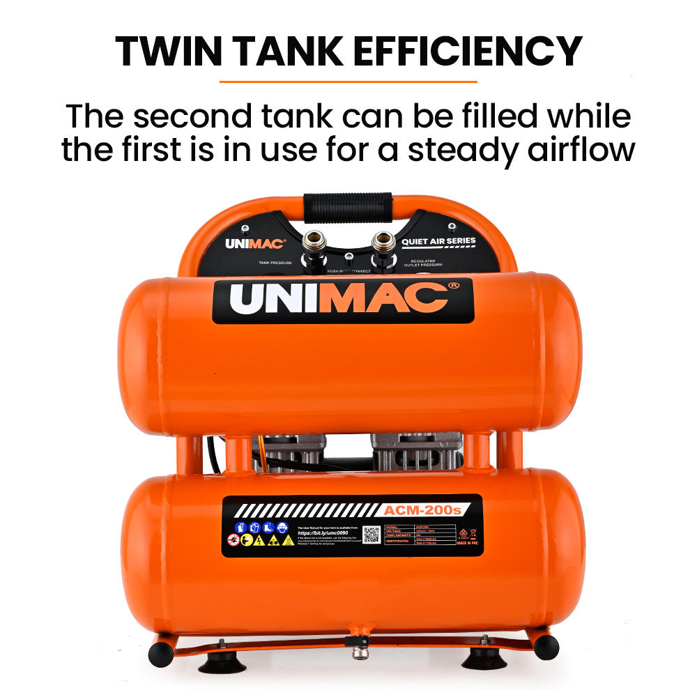 Quiet Air 20L Twin Tank Portable Air Compressor 116PSI Oil-Free