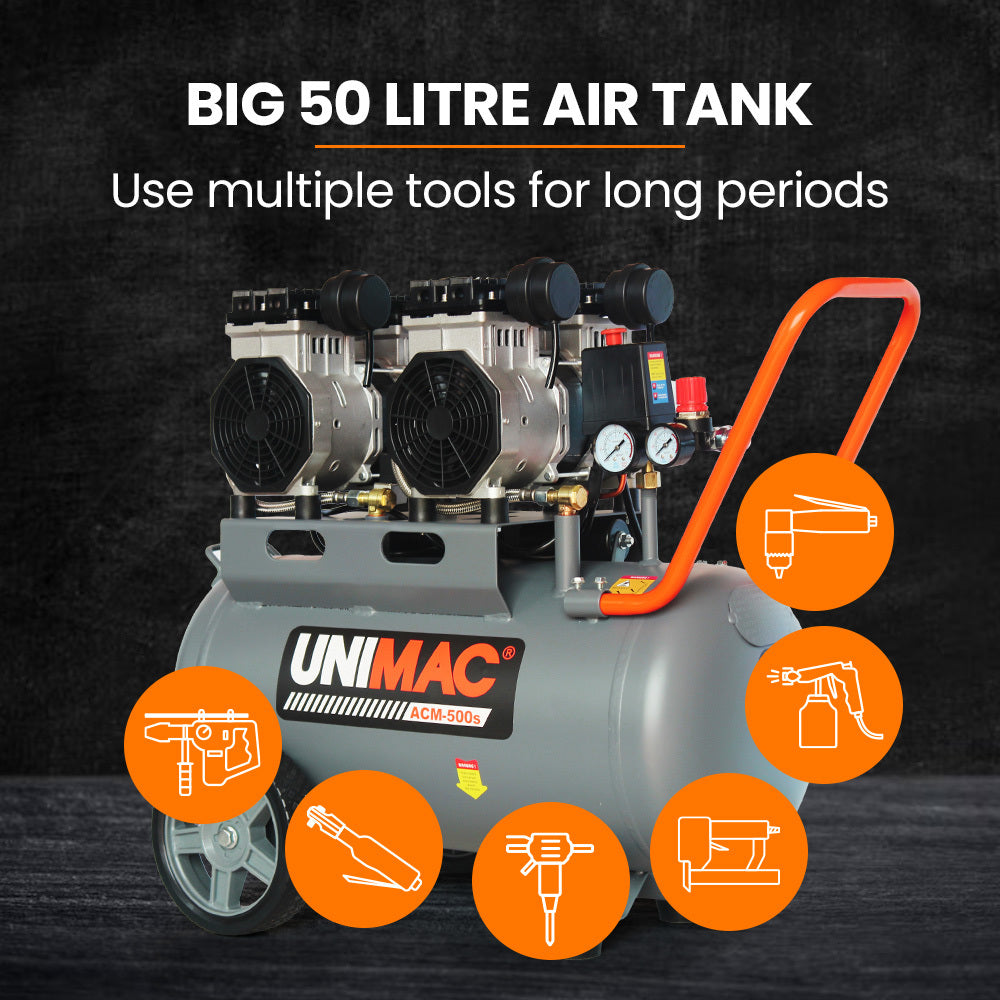 Ultra-Quiet 50L Oil-Free Air Compressor with Dual Motors - Unimac