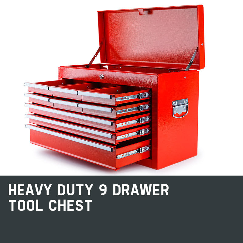 9 Drawer Red Tool Box Chest, Portable, Lockable - Bullet