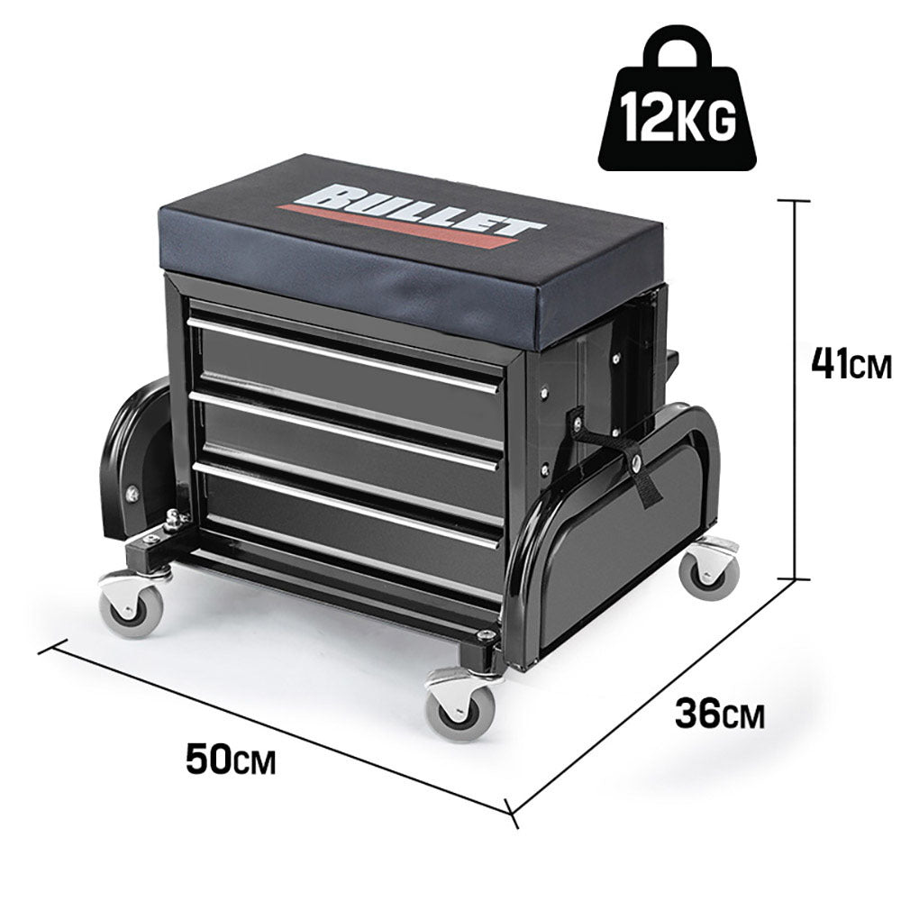 Padded 2-in-1 Rolling Tool Box Stool with Drawers - Bullet