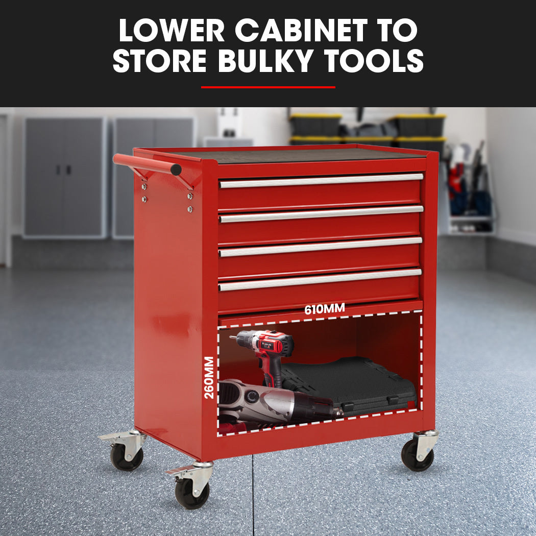 BULLET Pro 4 Drawer Tool Box Cabinet Trolley Storage, 1-Door Toolbox Garage Organiser Set, Red