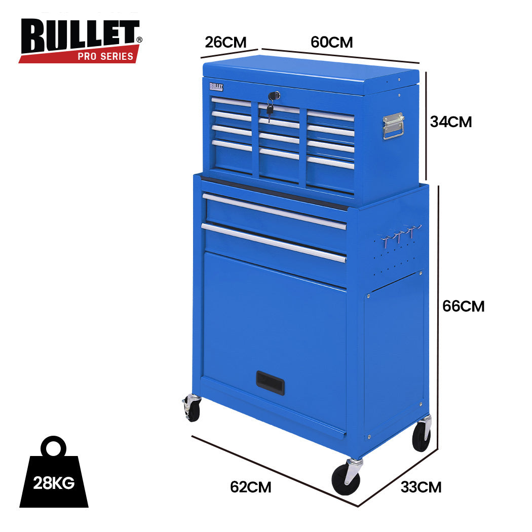 Bullet 8 Drawer Tool Box Cabinet Blue Lockable Steel Workshop Organiser