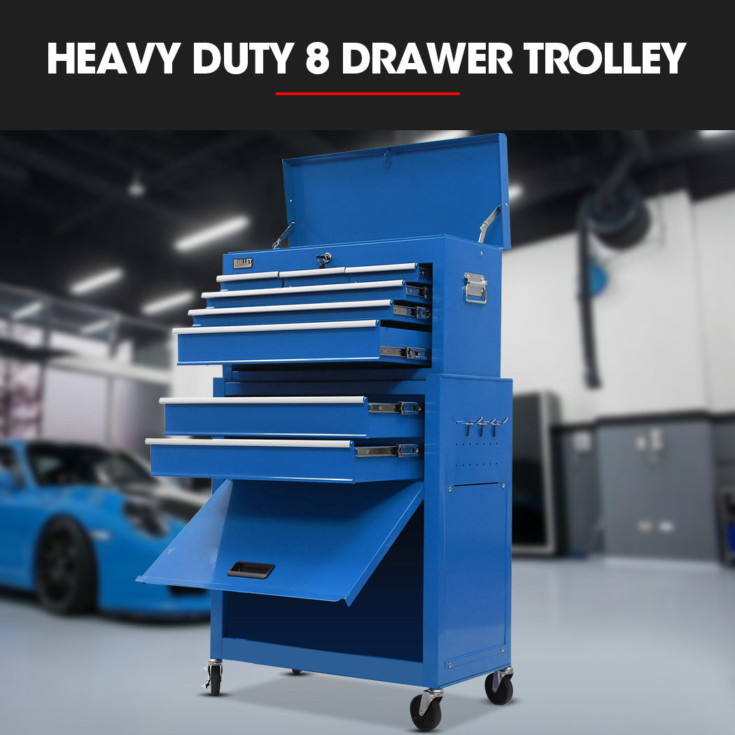 Bullet 8 Drawer Tool Box Cabinet Blue Lockable Steel Workshop Organiser