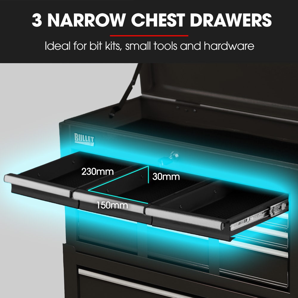 BULLET Pro 8 Drawer Tool Box Chest Cabinet Storage, with 2-Door Toolbox Garage Organiser Set, Black
