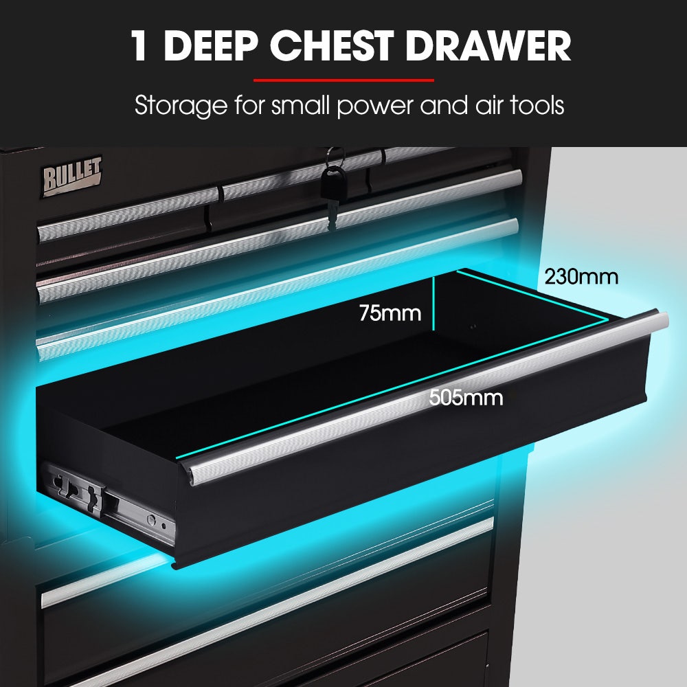 BULLET Pro 8 Drawer Tool Box Chest Cabinet Storage, with 2-Door Toolbox Garage Organiser Set, Black
