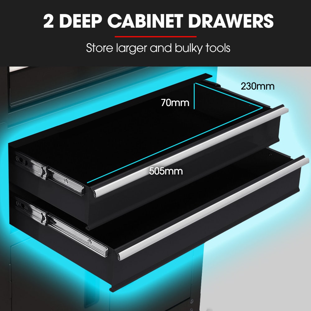 BULLET Pro 8 Drawer Tool Box Chest Cabinet Storage, with 2-Door Toolbox Garage Organiser Set, Black