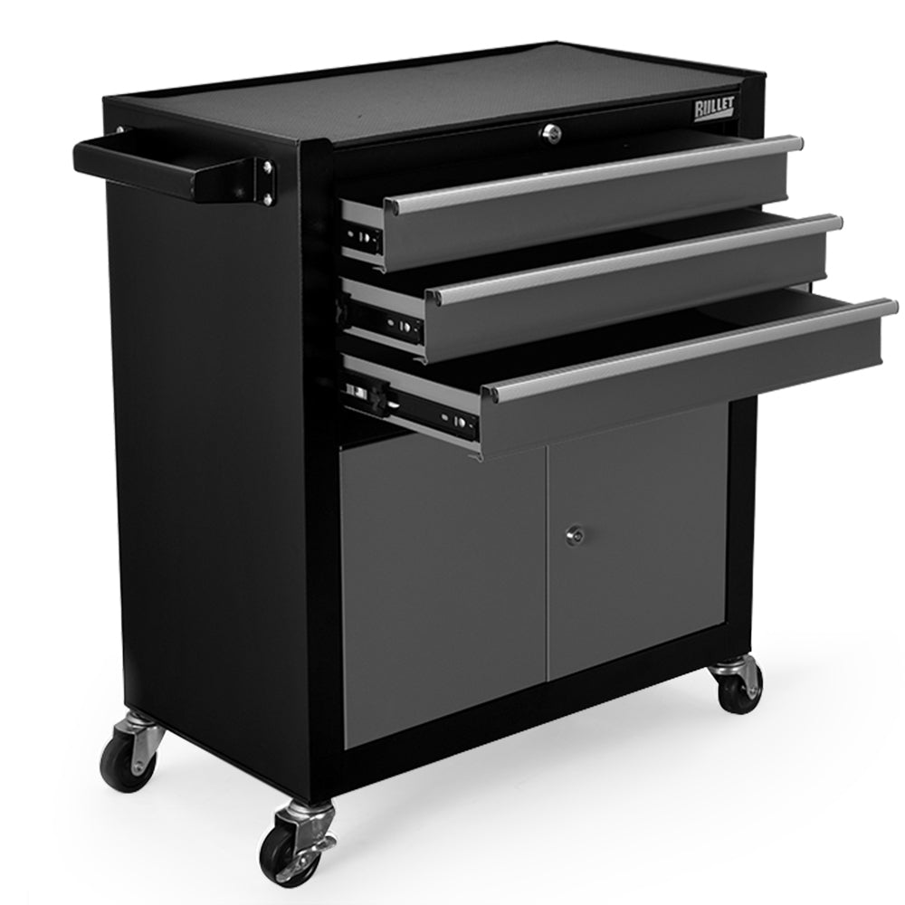 3-Drawer Steel Tool Chest, Lockable, Rubber Wheels - Bullet