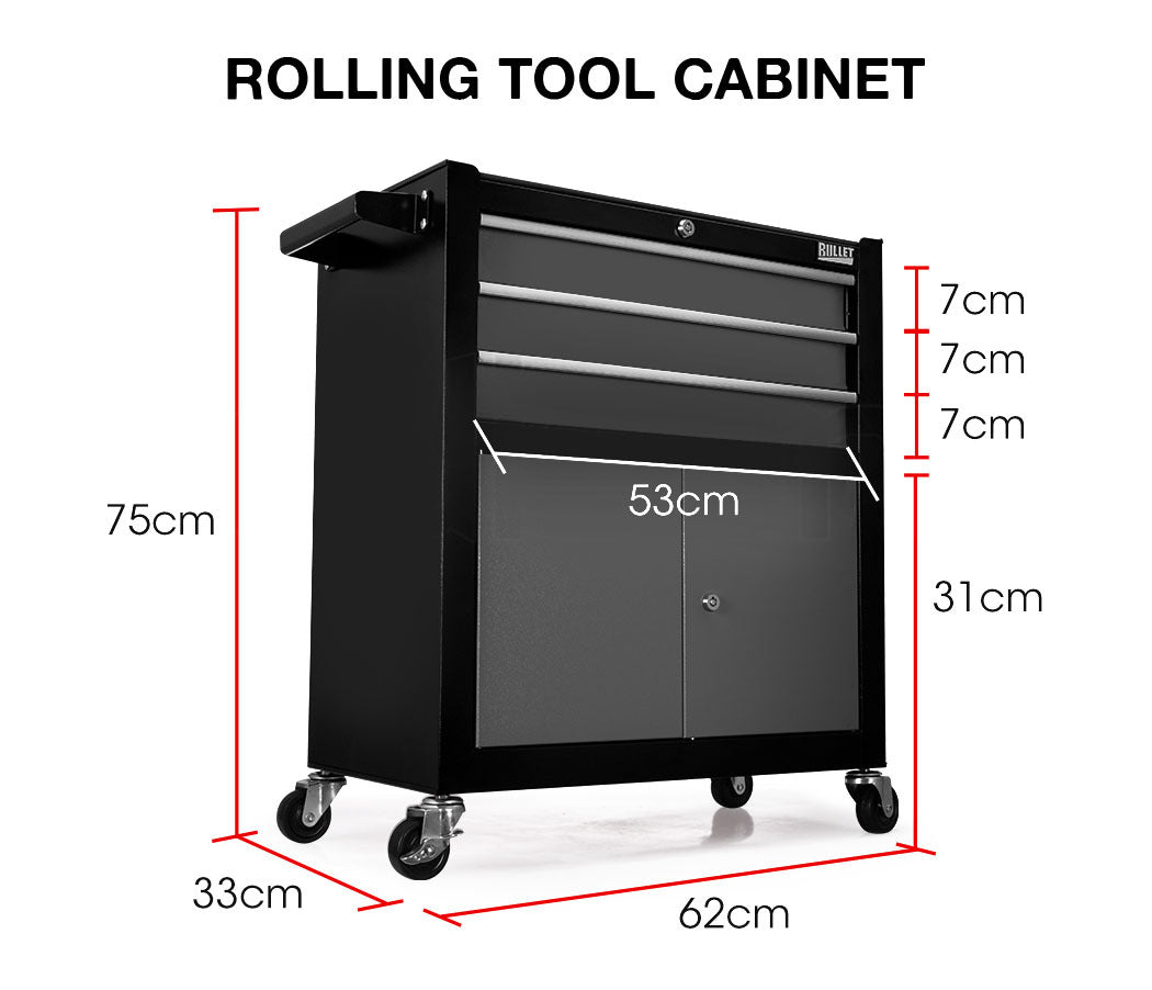 3-Drawer Steel Tool Chest, Lockable, Rubber Wheels - Bullet