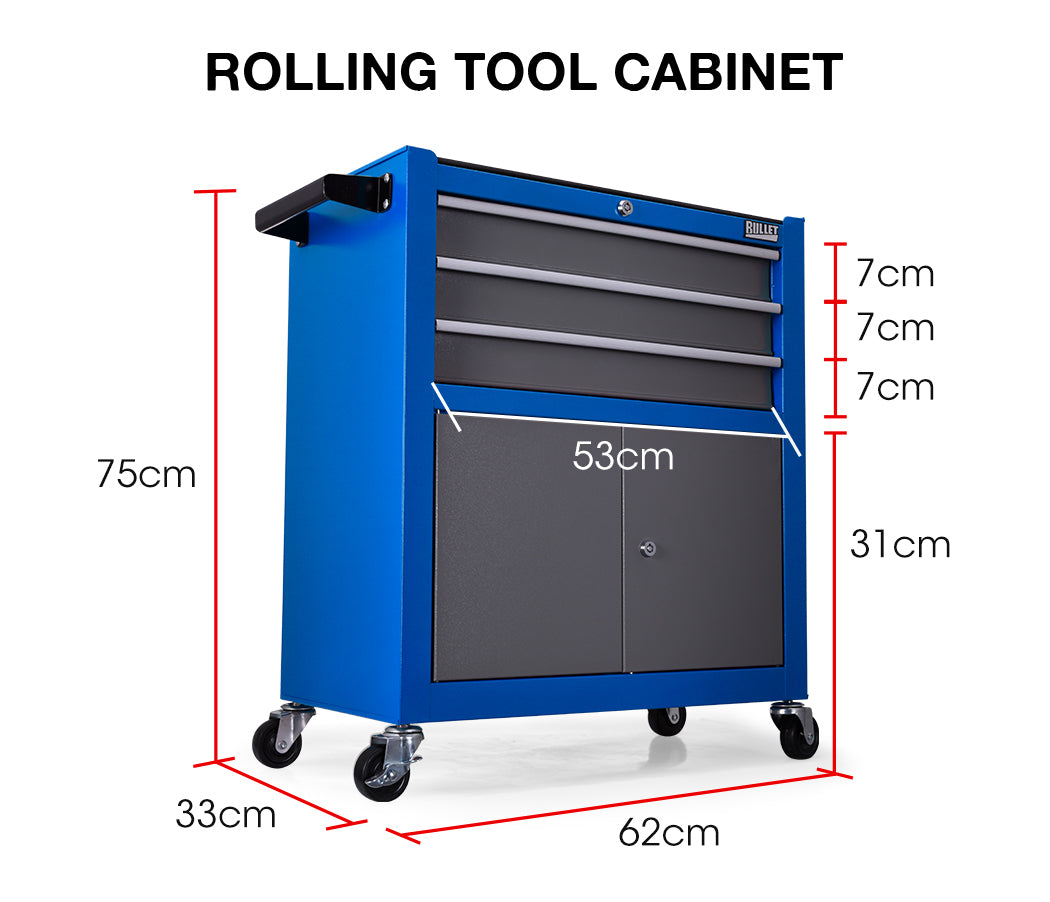 High-Tensile 3-Drawer Tool Chest Trolley, Steel & Rubber Castors - Bullet