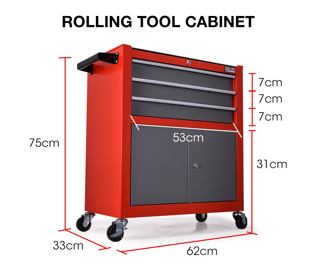 Red 3 Drawer Lockable Tool Chest on Wheels - Bullet