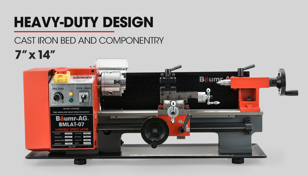 600W Variable-Speed Mini Metal Lathe w/ LCD & Safety - Baumr-AG