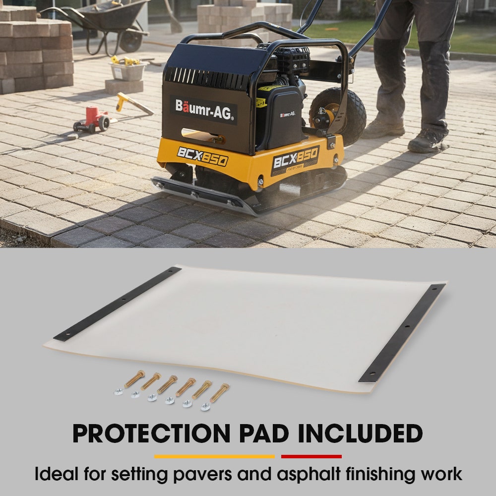 BAUMR-AG 125kg 450x630mm 7HP Plate Compactor, 32kN Vibratory Compaction, Wheel Kit, Protective Paver Pad, Commercial-Grade