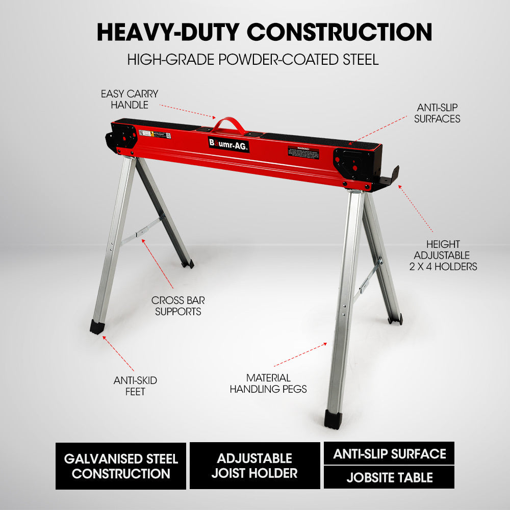 Baumr-AG Heavy-Duty Adjustable Sawhorses 1000kg Capacity Folding Steel Pair