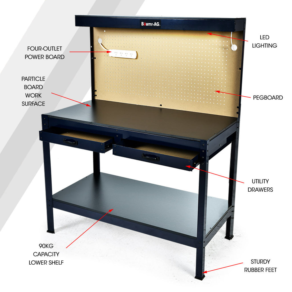 BAUMR-AG Steel Garage Workbench with LED Lights Pegboard Tool Storage