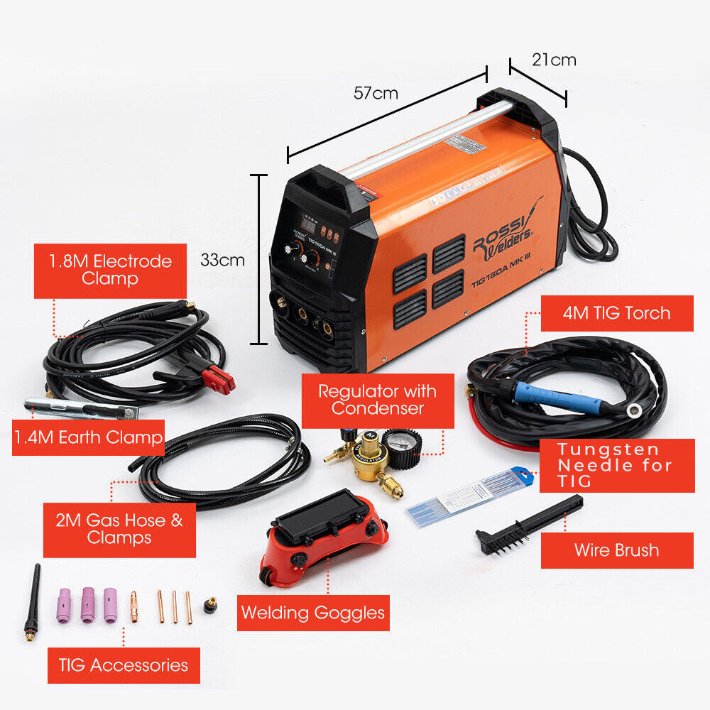 160 Amp AC/DC TIG/Stick Inverter Welder, iGBT, Accessories, Rossi