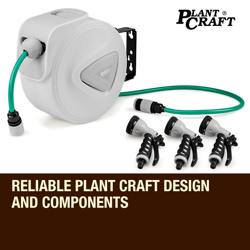 10M UV Resistant Retractable Garden Hose Reel, 3 Spray Guns - PlantCraft