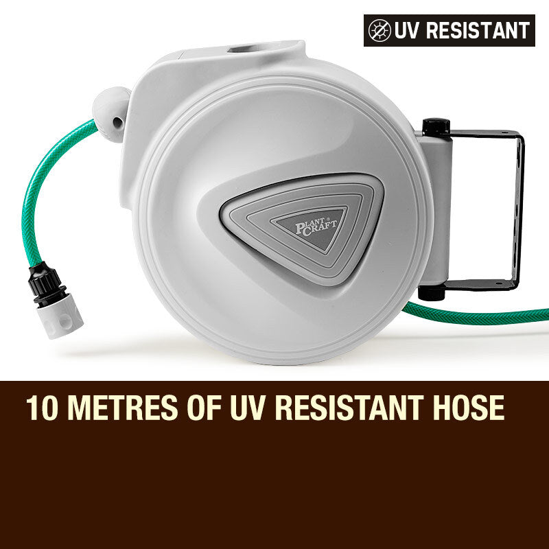 10M UV Resistant Retractable Garden Hose Reel, 3 Spray Guns - PlantCraft