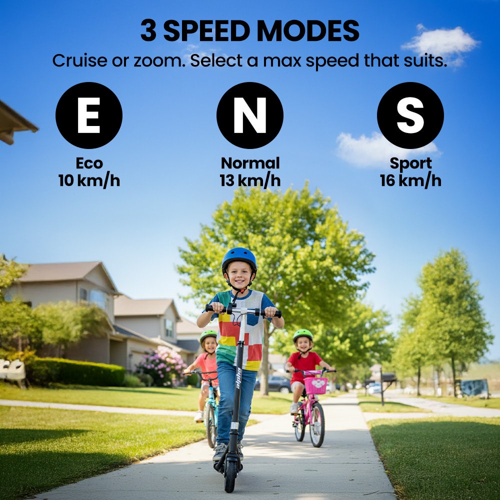 ALPHA Edge Electric Scooter, Kids & Teens, Adjustable Handlebars, 3 Speed Modes, Dual Foot E-Brake, Bluetooth Music, LED, Black