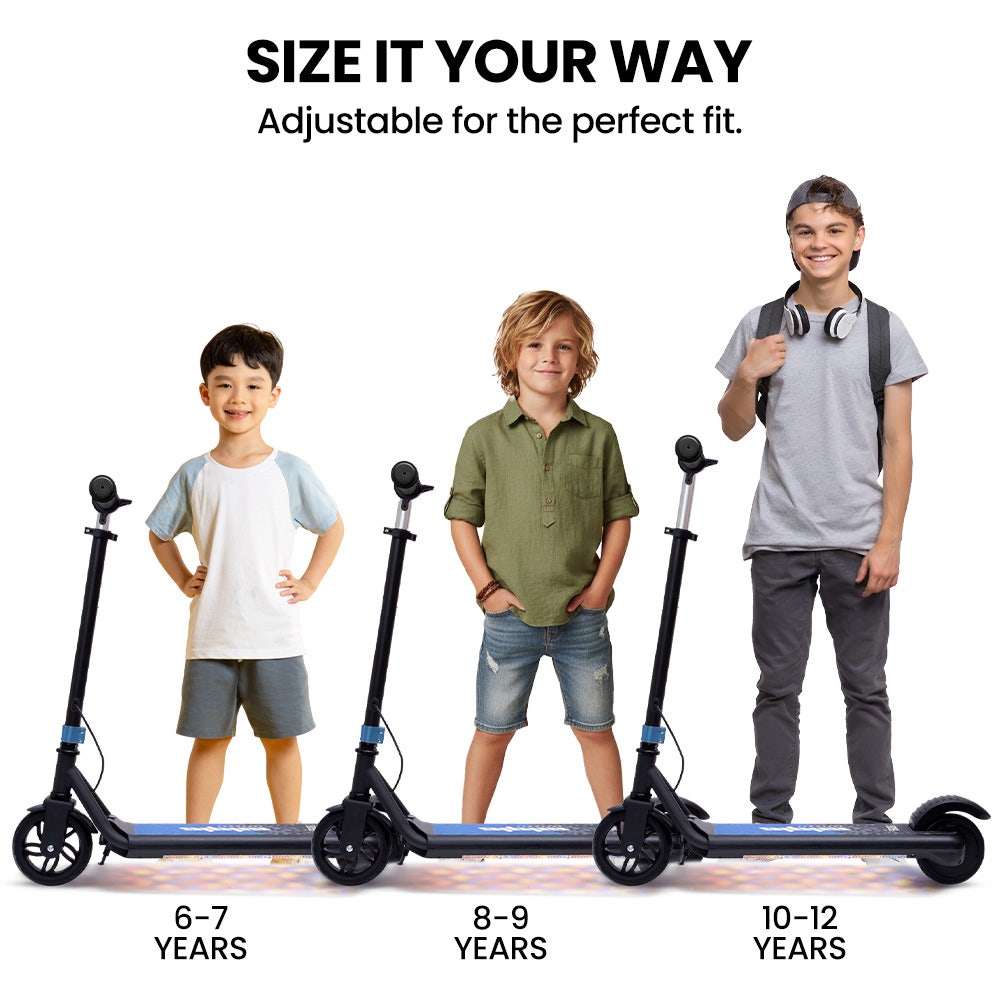 ALPHA Edge Electric Scooter, Kids & Teens, Adjustable Handlebars, 3 Speed Modes, Dual Foot E-Brake, Bluetooth Music, LED, Blue