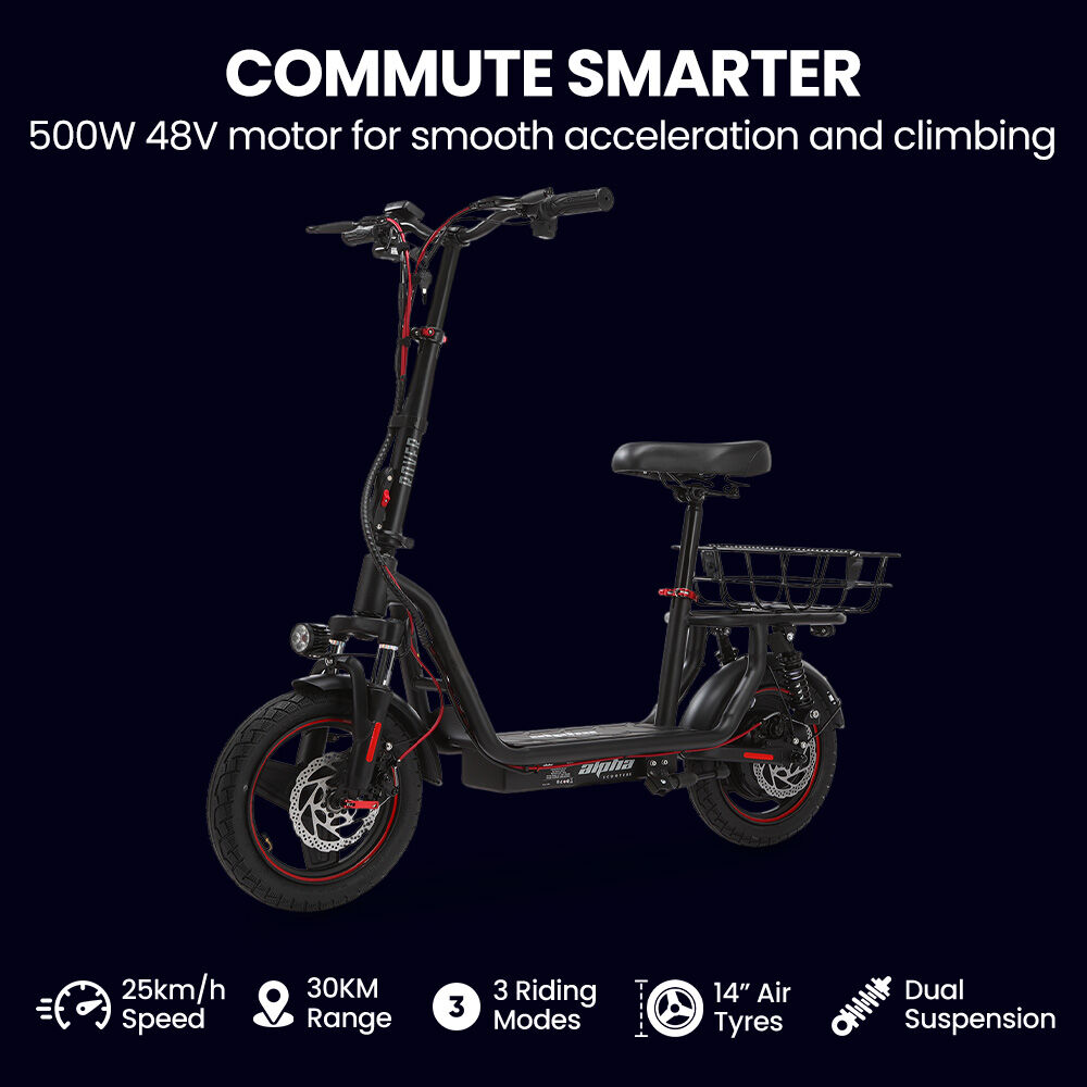 Alpha Rover 500W Electric Scooter with Seat 14-Inch Tyres Black