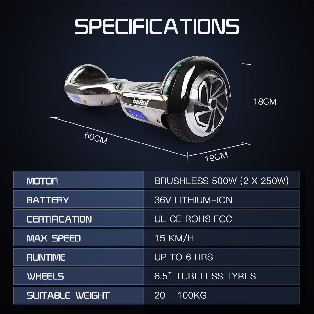 BULLET Hoverboard Electric Scooter 6.5 Inch Wheels Self Balancing Gen III Chrome Style Carry Bag