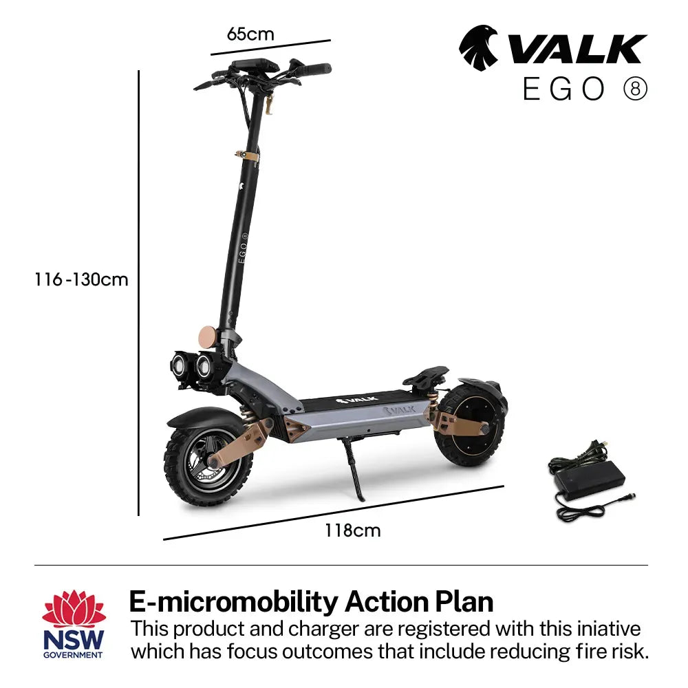 VALK Ego 8 Electric Scooter, Powerful, AU Compliant, 48V 13Ah, 55km Max Range, eScooter for Adults, Foldable, Off Road, Black/Bronze
