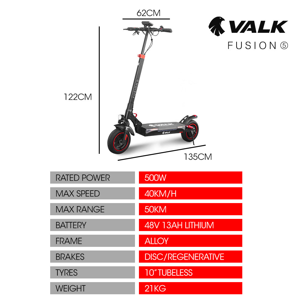 Fusion 5 Electric Scooter 500W 48V 13Ah 50km Range Quad Shocks 10" Tyres