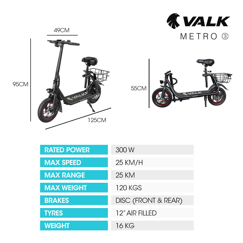 Metro 3 Electric Scooter 12" Tyres Disc Brakes Seat Black