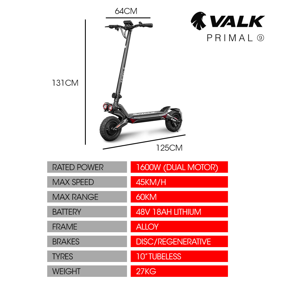 Primal 9 1600W Dual Motor E-Scooter Extreme Hill Climbing Black