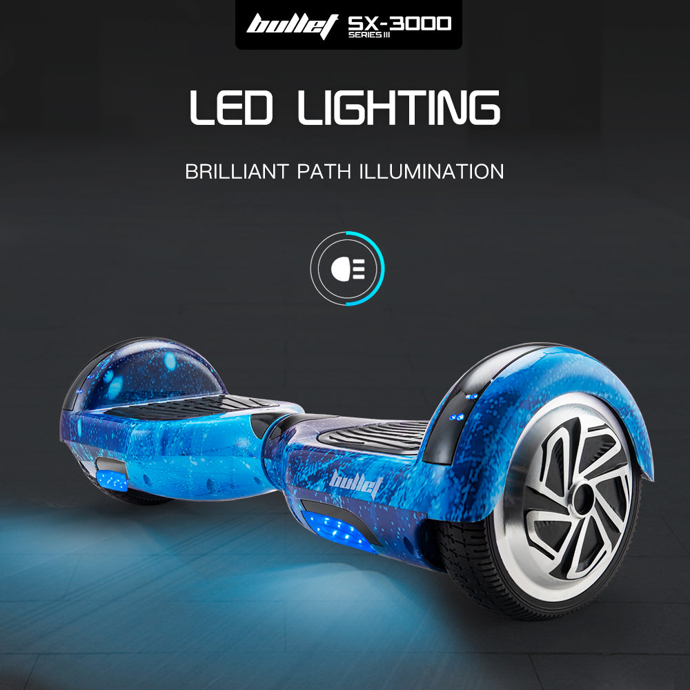 BULLET Electric Hoverboard Scooter 6.5 Inch Wheels, Colour LED Lighting, Carry Bag, Gen III Blue Galaxy