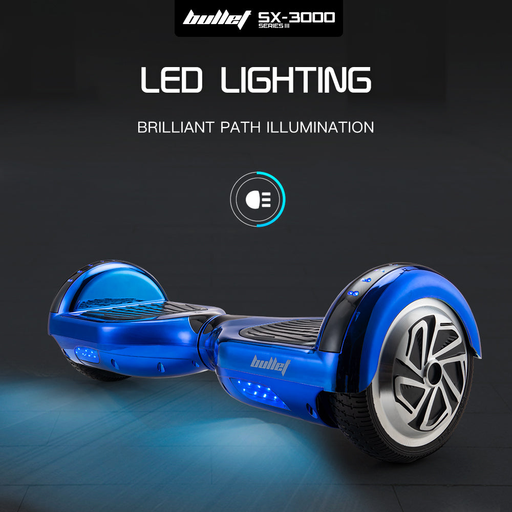 BULLET Gen III Hoverboard Scooter 6.5" Wheels, Colour LED Lighting, Carry Bag, Metallic Blue
