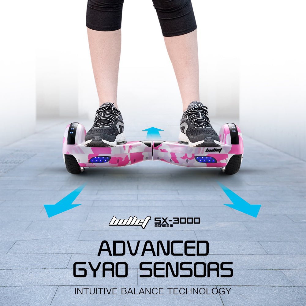 BULLET Electric Hoverboard Scooter 6.5 Inch Wheels, Colour LED Lighting, Carry Bag, Gen III Pink Camo