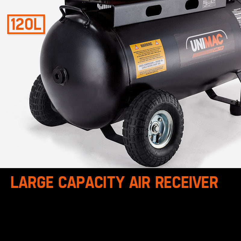 8HP 115PSI 120L Petrol Air Compressor, 477L/Min - Unimac