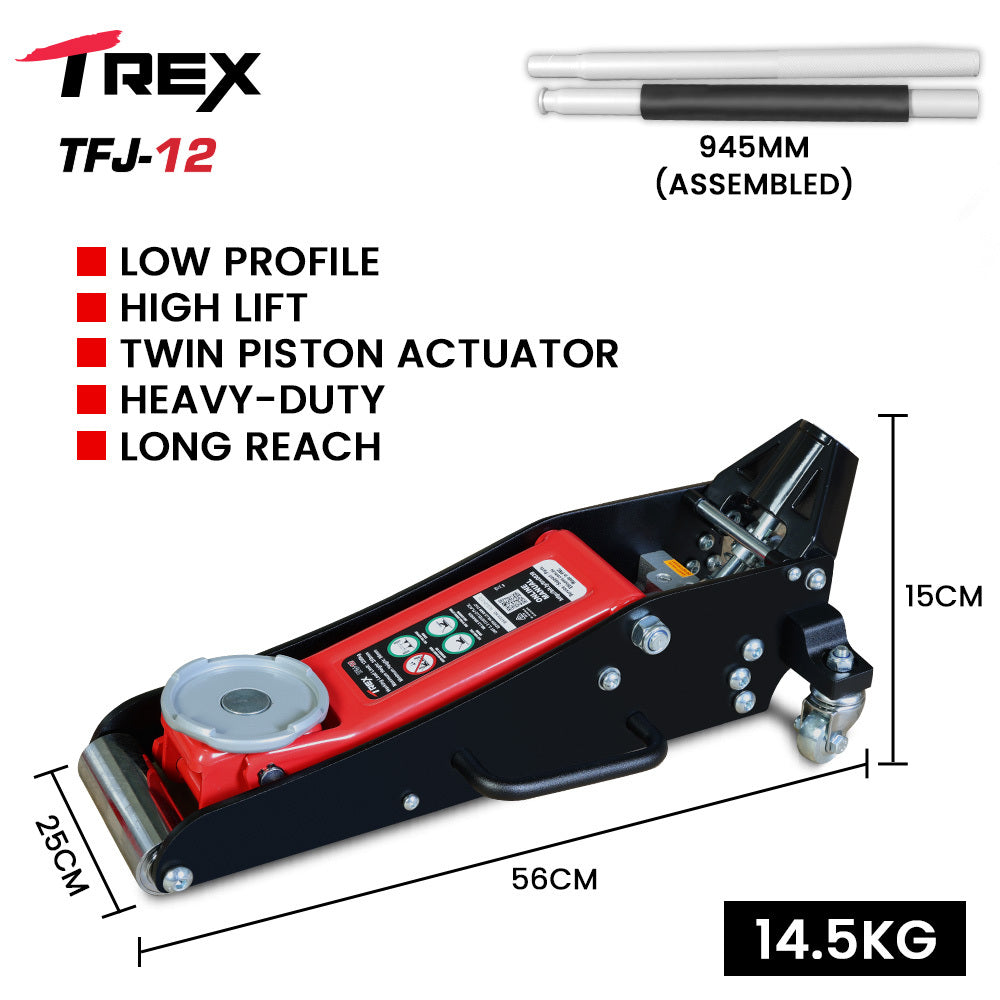 T-REX 1200kg Hydraulic Trolley Jack Low Profile Dual Pump Quick Release